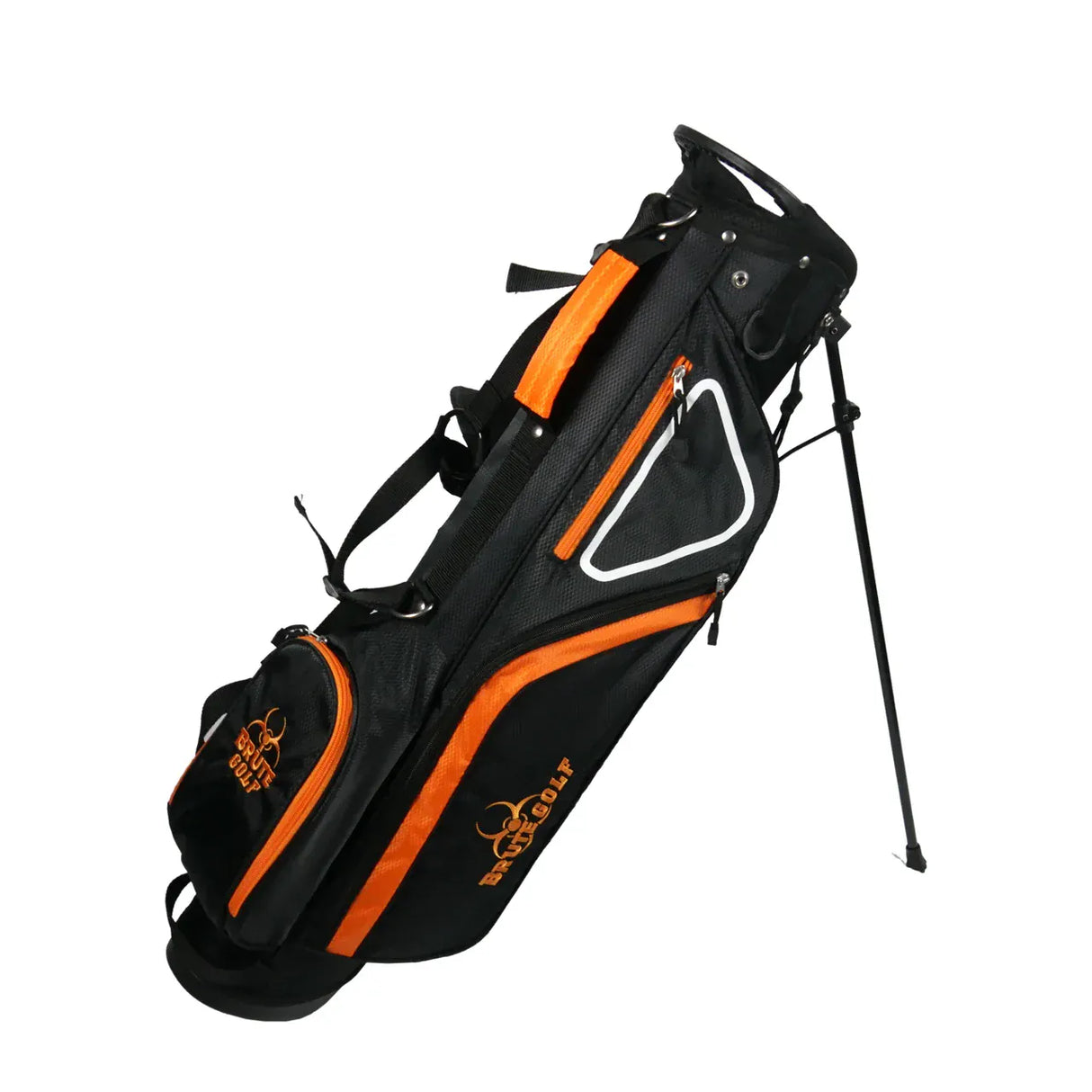 Schwarzes und orangenes Golf-Set mit Ständer und mehreren Taschen, modern und robust.