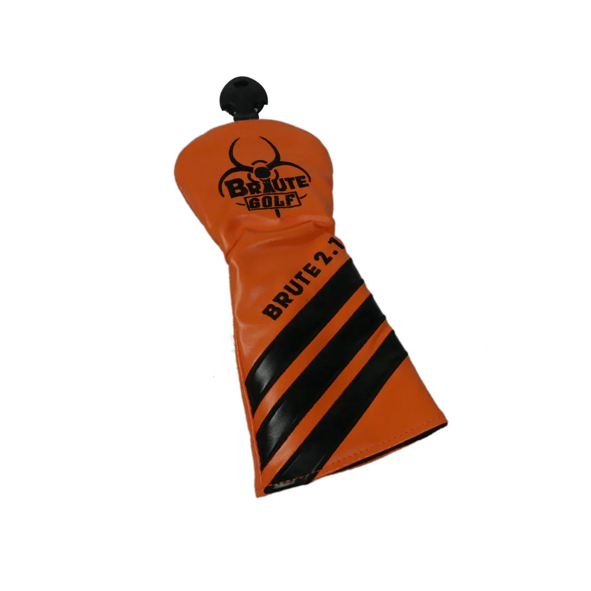 Orangefarbener Headcover mit schwarzem Brute-Logo und diagonalen schwarzen Streifen für Golfschläger.