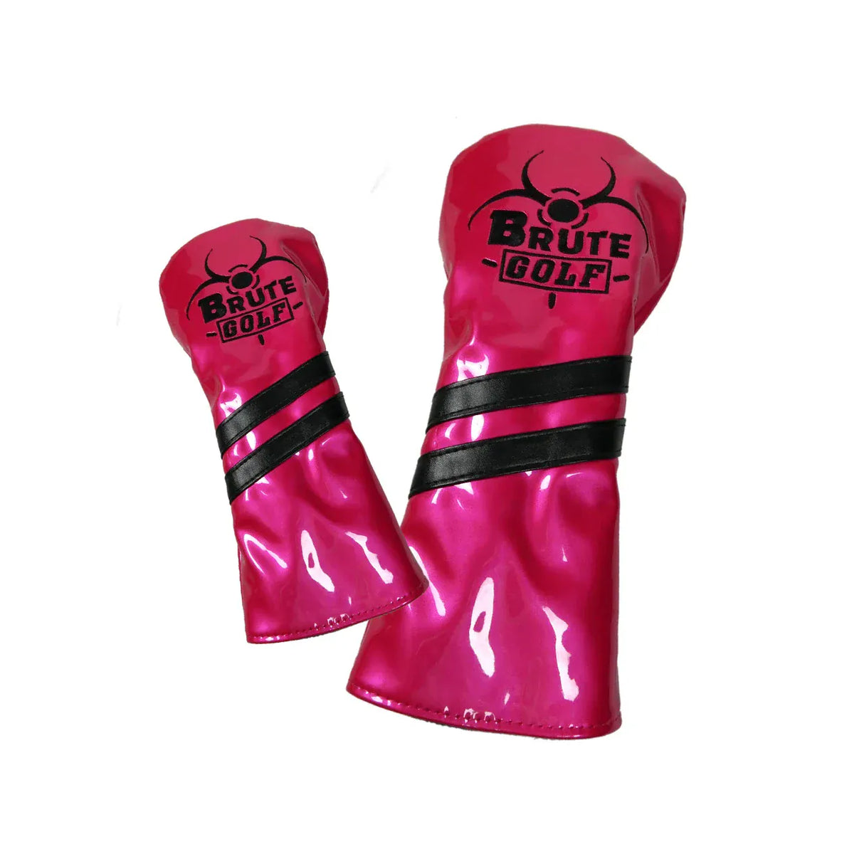 Pink glänzende Golfschläger-Covers mit schwarzem Brute Golf Logo und zwei schwarzen Streifen.
