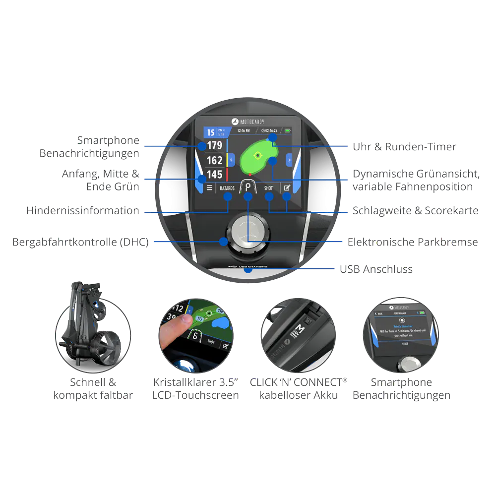 Motocaddy M5 GPS DHC Ultra Lithium Elektrotrolley mit Farb-Touchscreen und 36-Loch Akku.