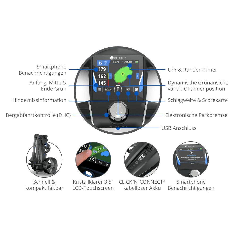 Motocaddy M5 GPS DHC Ultra Lithium Elektrotrolley mit Farb-Touchscreen und 36-Loch Akku.