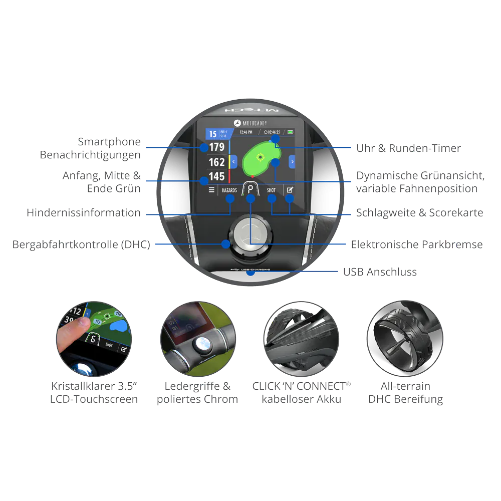 Motocaddy M-TECH GPS Ultra Lithium Display mit übersichtlicher Golfplatzkarte und Steuerungsfunktionen.