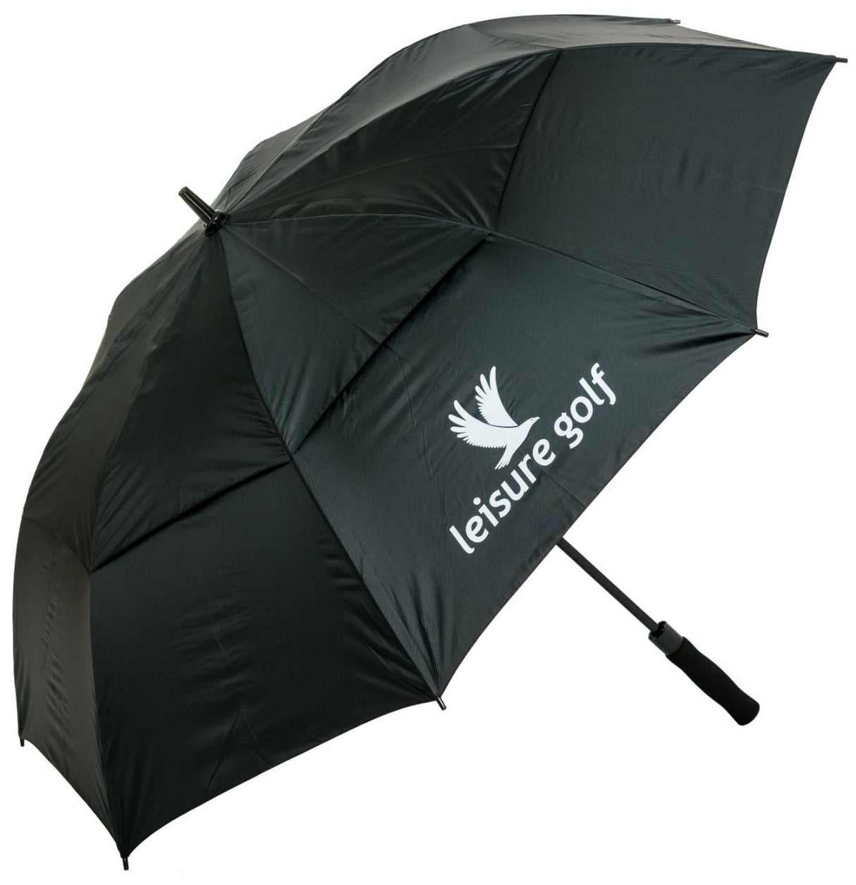 Schwarzer Golfschirm mit UV-Schutz, großes Dach, ergonomischer Griff, weißes leisure golf Logo.