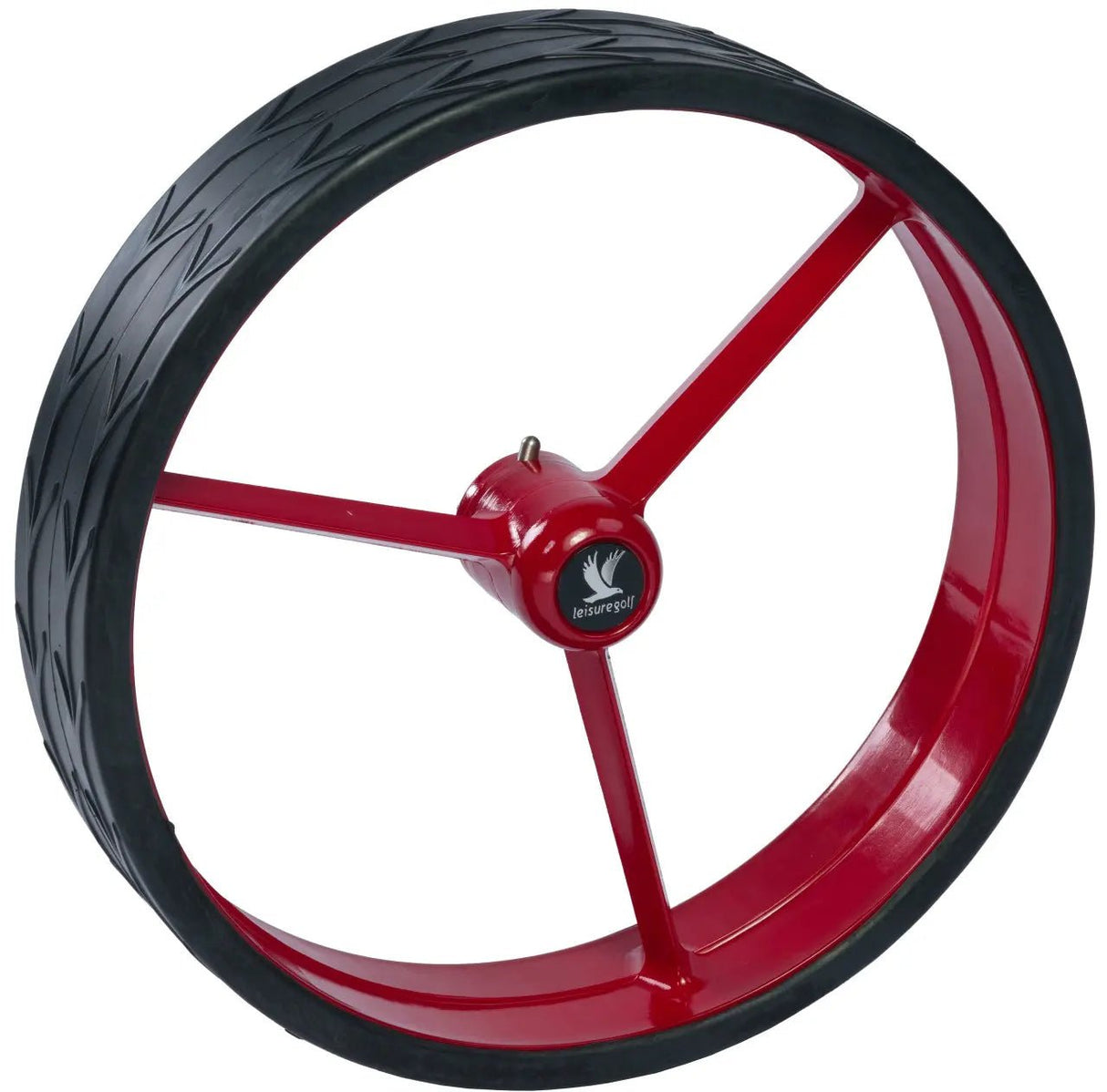 Rotes Leisure Golf Rädersatz mit drei Speichen und Profilreifen in Schwarz.