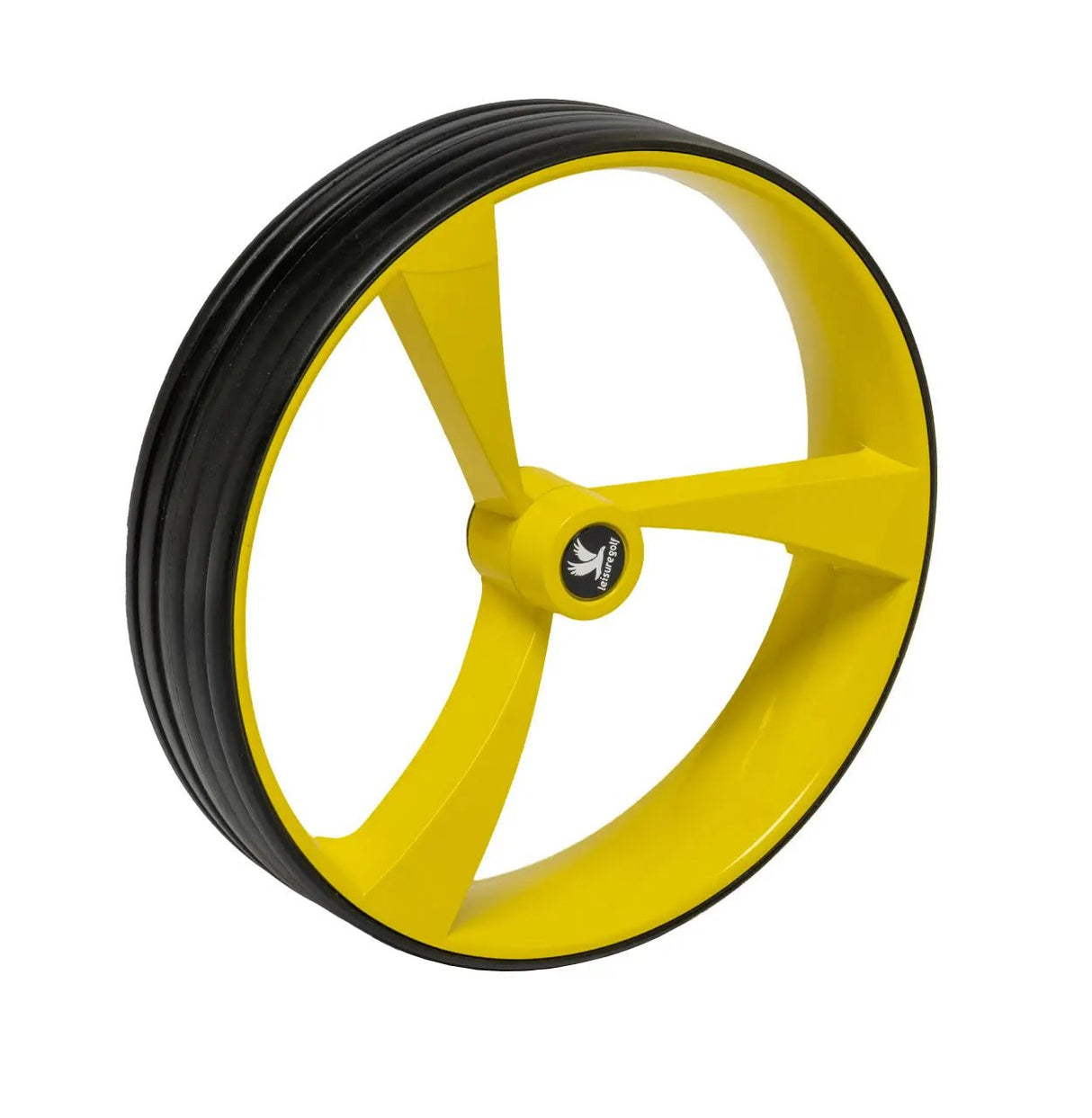 Gelbes Leisure Golf Trolley-Rad mit breitem Profil und fünf Speichen aus strapazierfähigem Material.