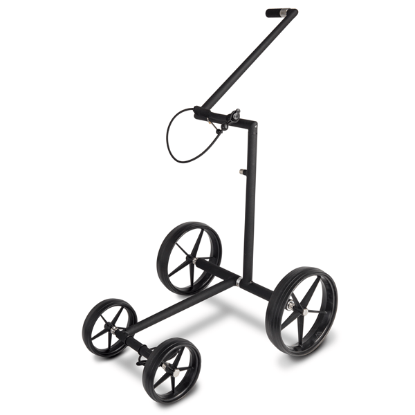 Schwarzer Big Max e-LITE 4 Elektro-Golf-Trolley mit vier Rädern und verstellbarem Griff.