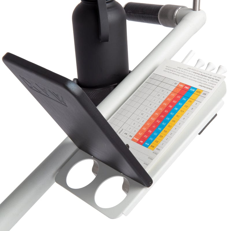 Grauer BIG MAX E-Lite Scorekartenhalter mit Klappdeckel und Halterungen für Getränke am Trolleygriff.