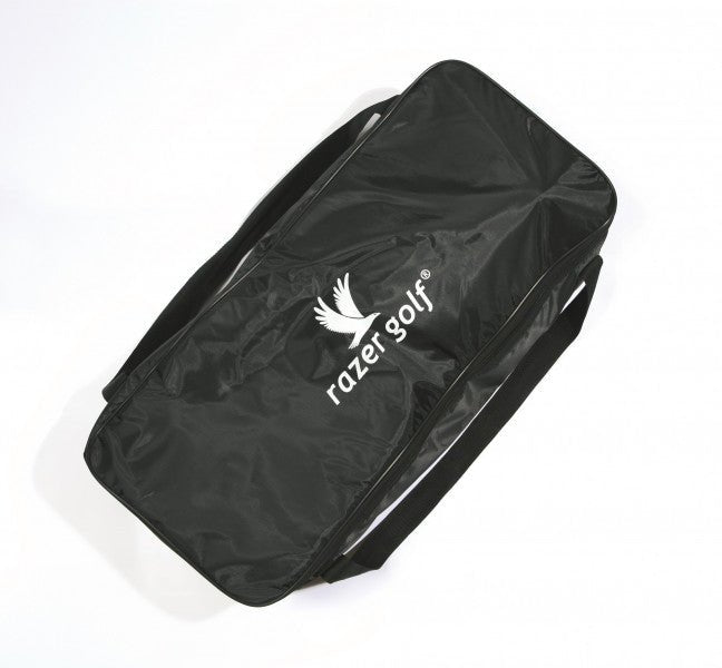 Schwarze Leisure Golf Trolleytasche mit weißem Razer Golf Logo und Tragegriff.