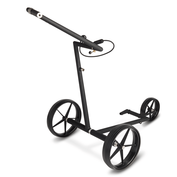 Schwarzer elektrischer Big Max e-LITE 3 Golftrolley mit drei Rädern und integriertem Bedienelement am Griff.