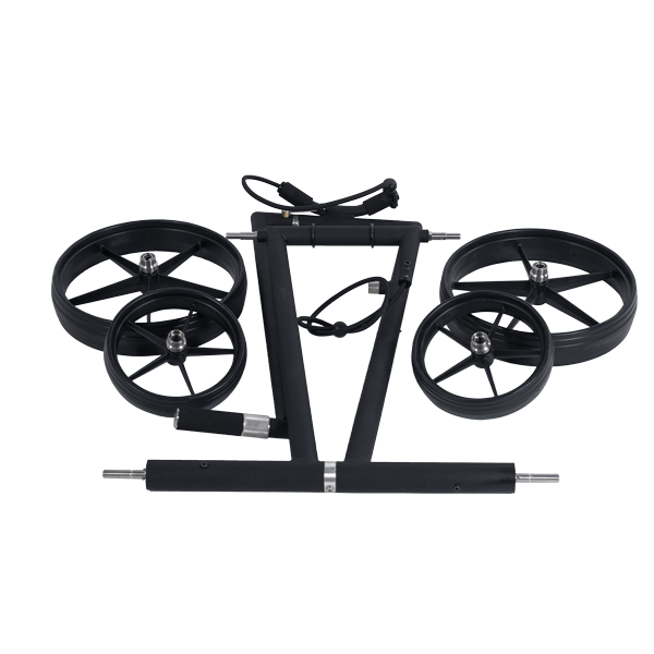 Schwarzes Rahmen-Set mit vier großen Golf-Trolley-Rädern und elektrischen Anschlusskabeln.