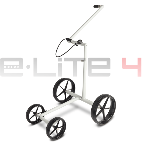 Weißer Big Max e-LITE 4 Elektro-Golf-Trolley mit vier schwarzen Rädern und verstellbarem Griff.