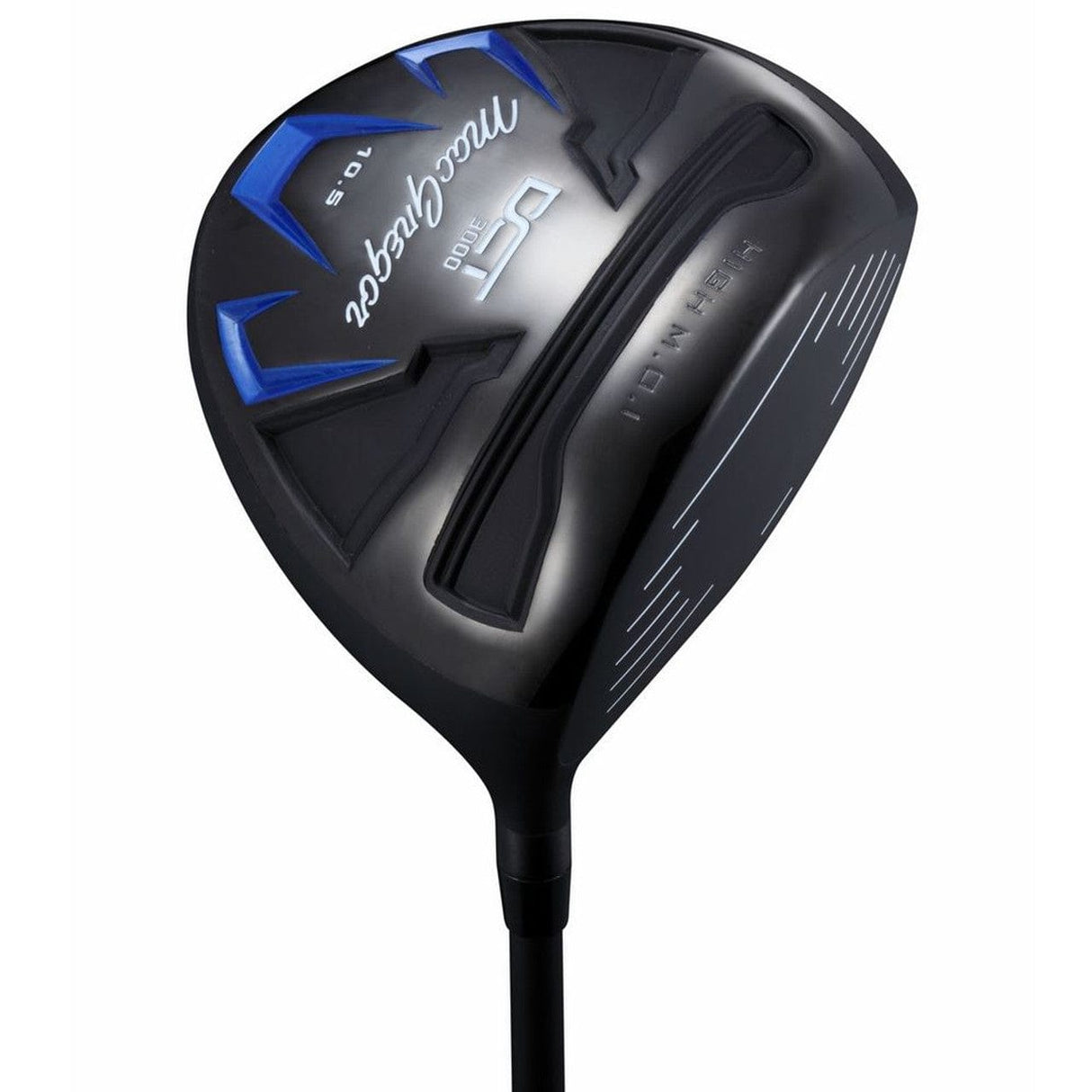 Schwarzer MacGregor DCT3000 Golfschlägerkopf mit blauen Akzenten, rechts, Graphitgriff.