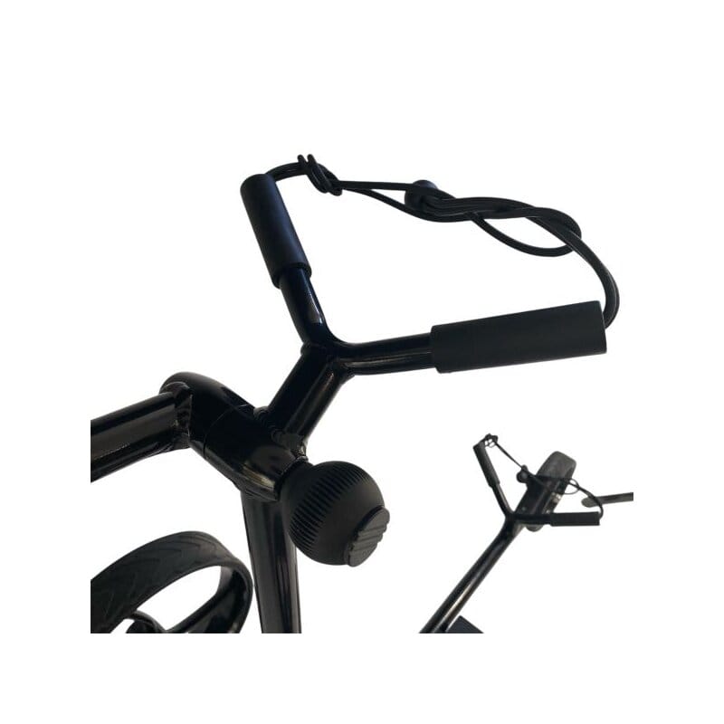 Schwarzer Elektro-Golf-Trolley Ranger aus Aluminium mit ergonomischem Griff und integriertem Steuerknopf.