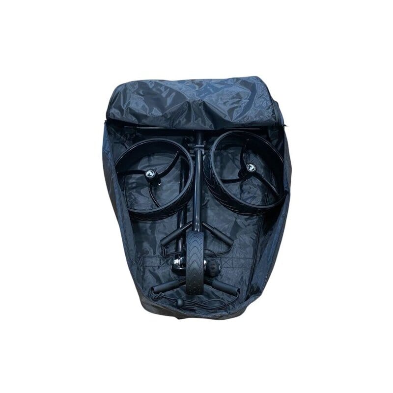 Schwarzer klappbarer Elektro Golf Trolley Ranger aus Aluminium mit zwei großen Rädern im Tragetaschen-Design.