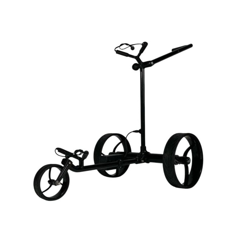 Schwarzer elektrischer Golf Trolley aus Aluminium mit drei Rädern und integriertem Griffsteuerungssystem.