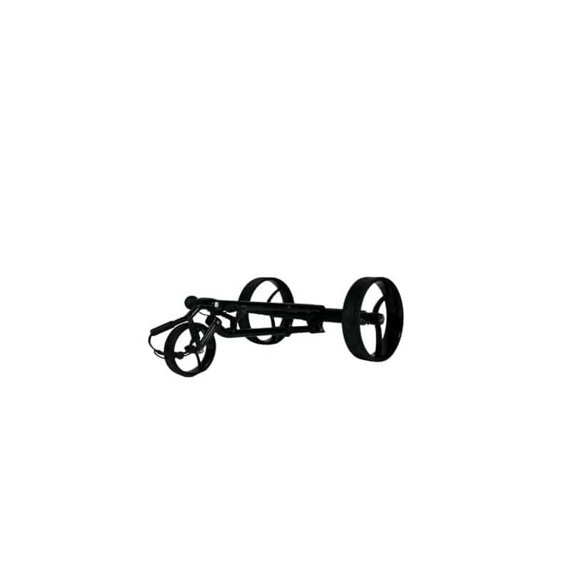 Schwarzer Elektro Golf Trolley Ranger aus Aluminium mit drei Rädern und Zubehörhalterung.