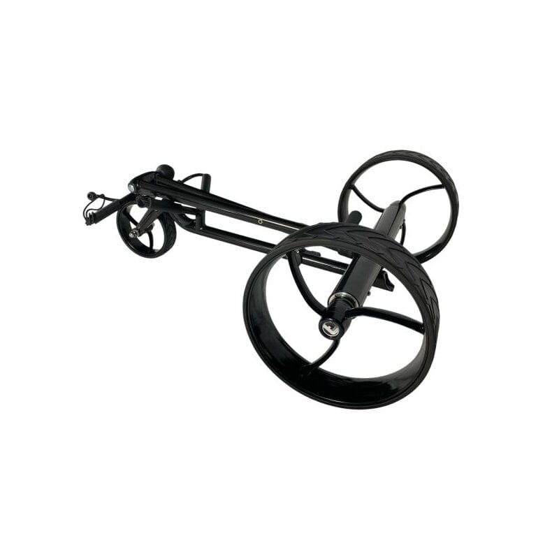 Schwarzer Elektro-Golf-Trolley Ranger aus Aluminium mit drei großen Rädern und klappbarem Gestell.