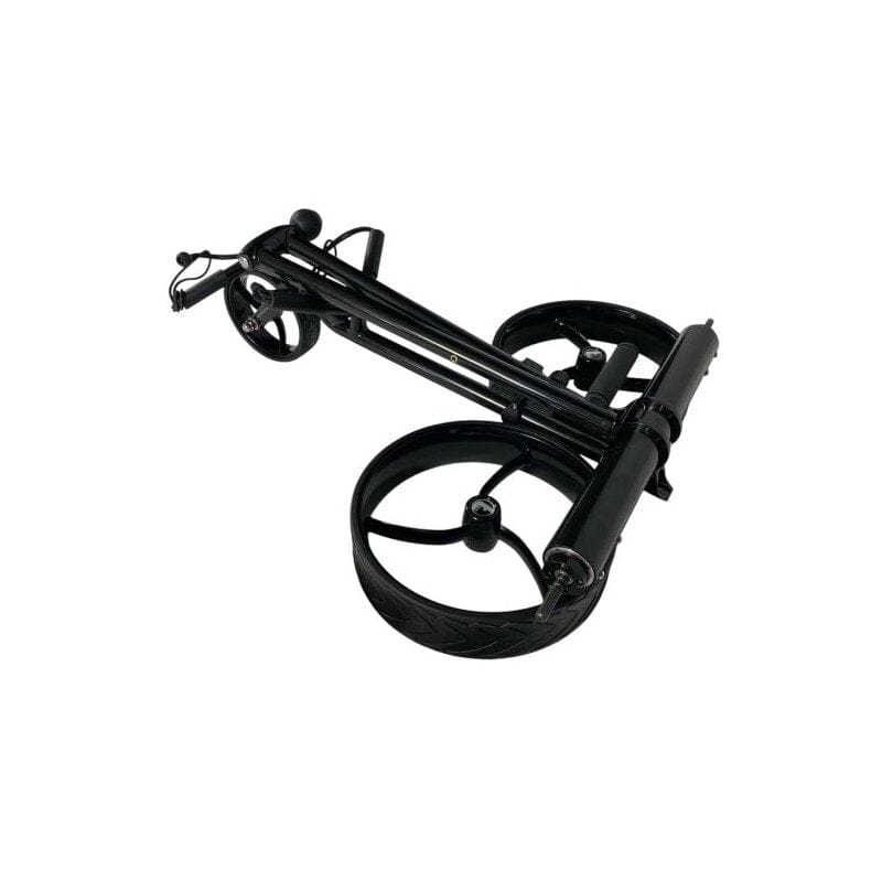 Schwarzer Elektro-Golftrolley Ranger aus Aluminium mit großen Rädern und Zubehörhalterung.