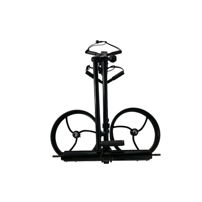 Schwarzer Elektro Golf Trolley Ranger aus Aluminium mit zwei großen Rädern und Zubehörhalterungen.