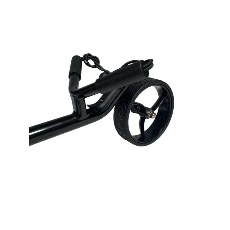 Schwarzer Aluminium-Golf-Trolley mit großem hinterem Rad und klappbarem Griff.