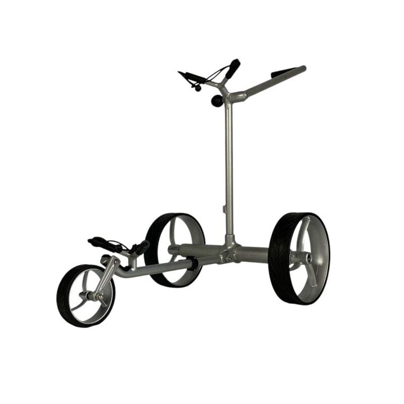 Silberner Elektro Golf Trolley Ranger aus Aluminium mit drei Reifen und integriertem Griff.