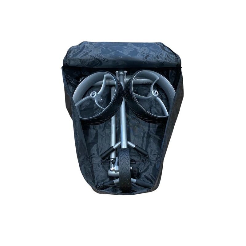 Silberner Elektro Golf Trolley Ranger aus Aluminium, zusammengeklappt mit schwarzer Transporttasche.