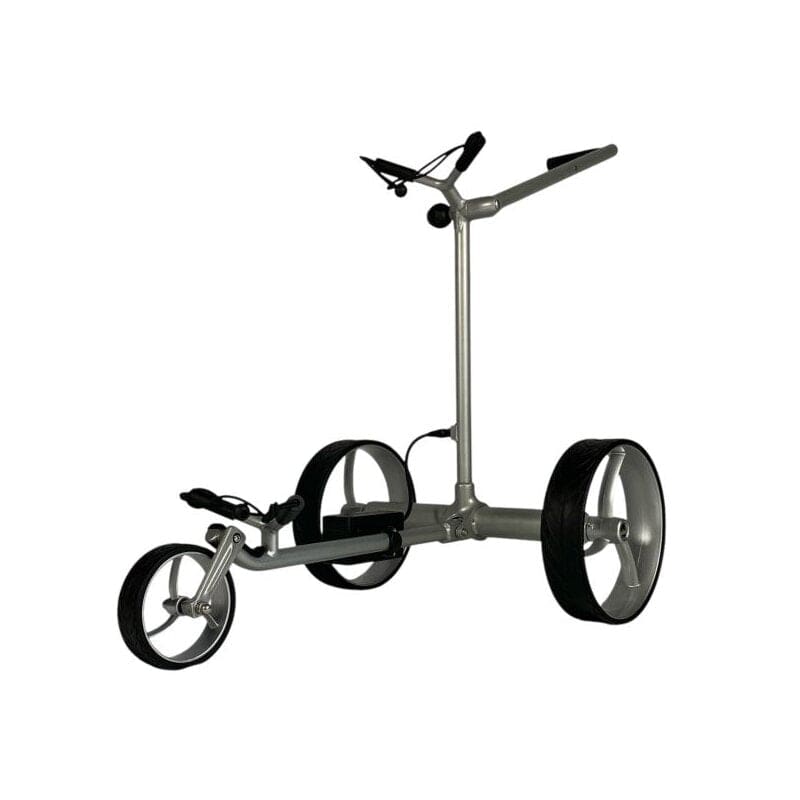 Silberner Elektro Golf Trolley Ranger aus Aluminium mit drei Rädern und verstellbarem Griff.