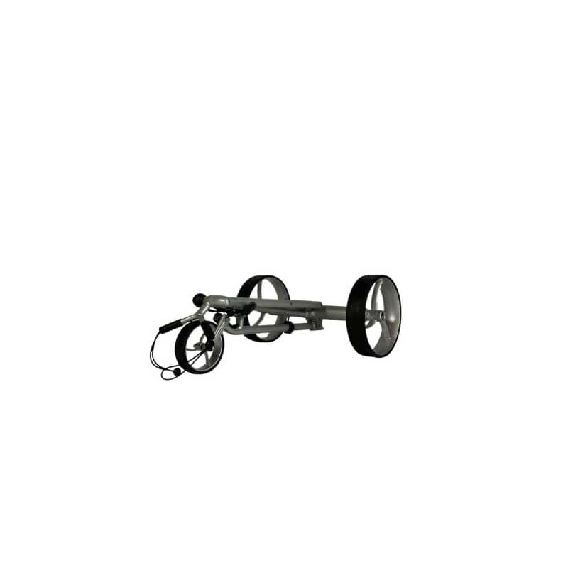 Silberner Elektro-Golf-Trolley aus Aluminium mit drei Rädern und Zubehörhalterung.
