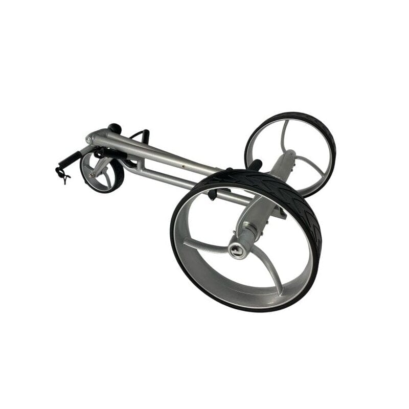 Elektrischer Golf Trolley Ranger aus silbernem Aluminium, kompaktes, klappbares Design mit drei großen Rädern.