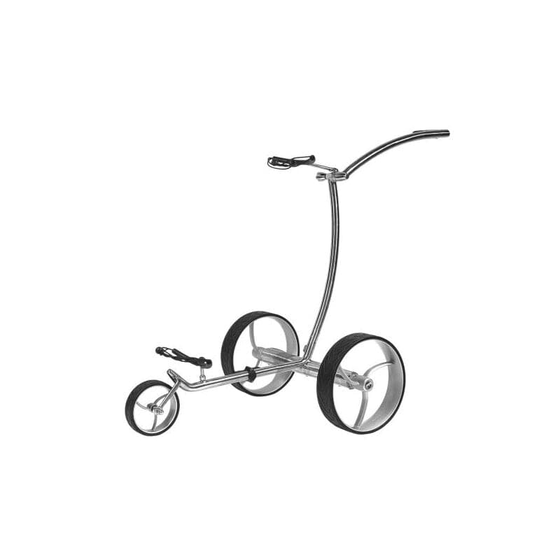 Elektro-Golftrolley aus poliertem Edelstahl mit minimalistischem Rahmen und drei Rädern, silberfarben.
