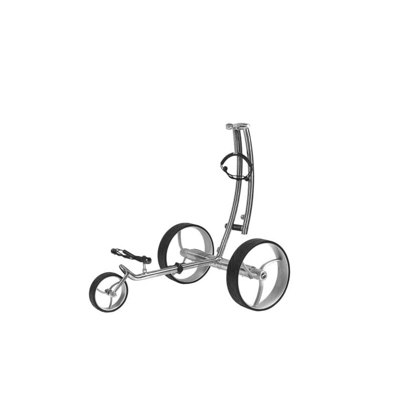 Elektrischer Golftrolley Trendgolf Streaker 2025 aus poliertem Edelstahl mit grünem Griff.