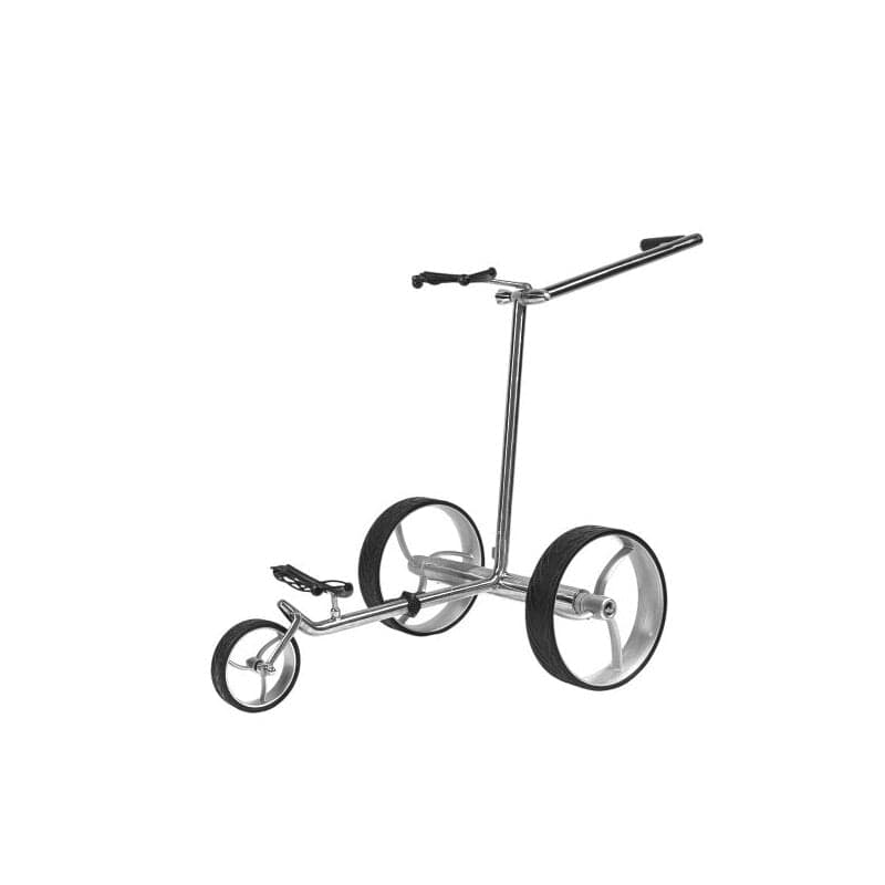 Elektrischer Golftrolley aus poliertem Edelstahl mit dreirädrigem Design und T-förmigem Lenker.