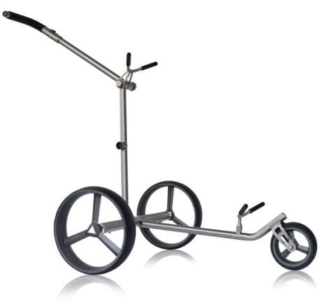 Schwarzer elektrischer Golftrolley mit drei breiten Speichenrädern und verstellbarem Griff.