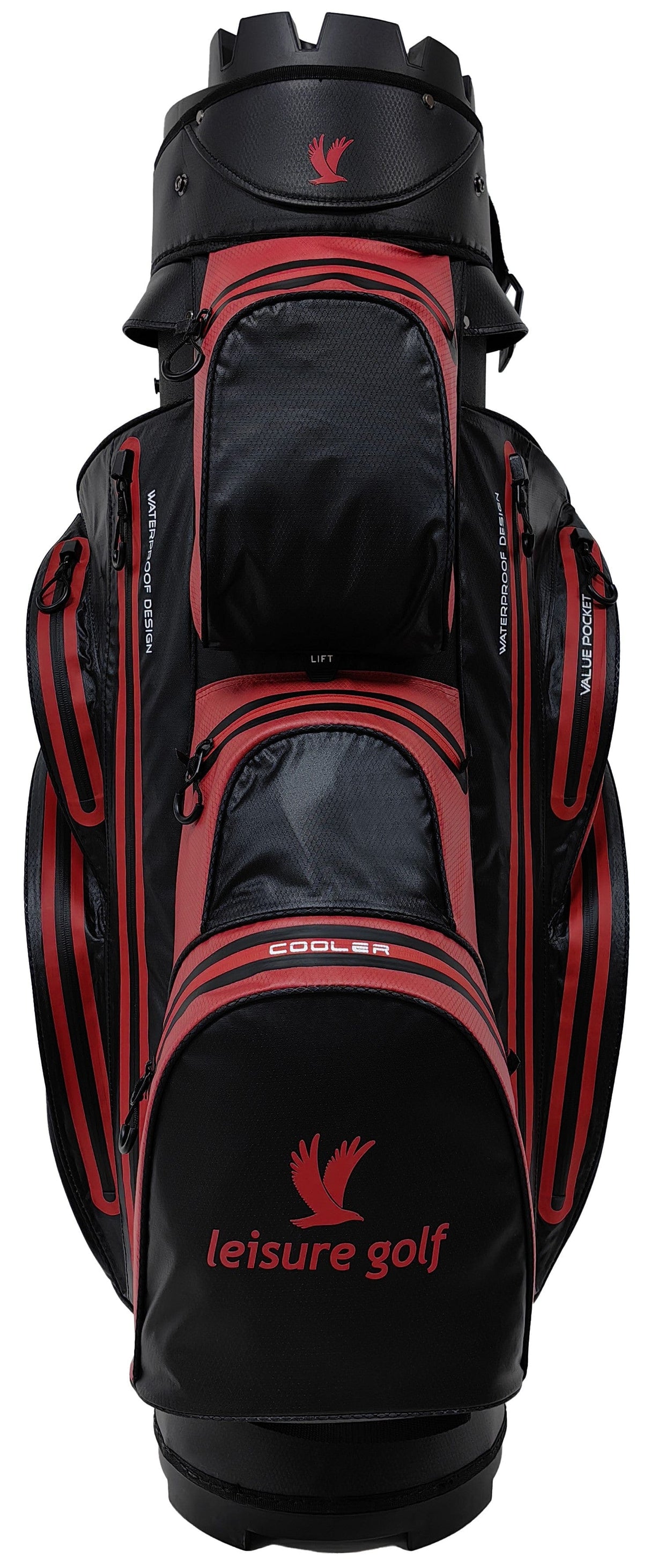 Schwarzer Leisure Golf Cartbag mit roten Akzenten und mehreren Reißverschlusstaschen.