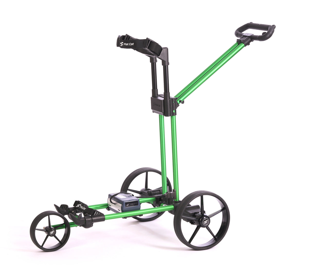 Elektrischer Golf-Trolley Flat Cat Gear 2025 in leuchtendem Grün mit drei Rädern und schwarzem Griff.