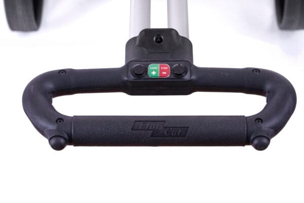 Schwarzer ergonomischer Lenker mit integriertem Bedienfeld und Flat Cat Logo.