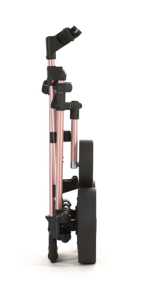 Rosenroter elektrischer Golftrolley Flat Cat Touch 2025 kompakt zusammengeklappt, seitliche Ansicht.