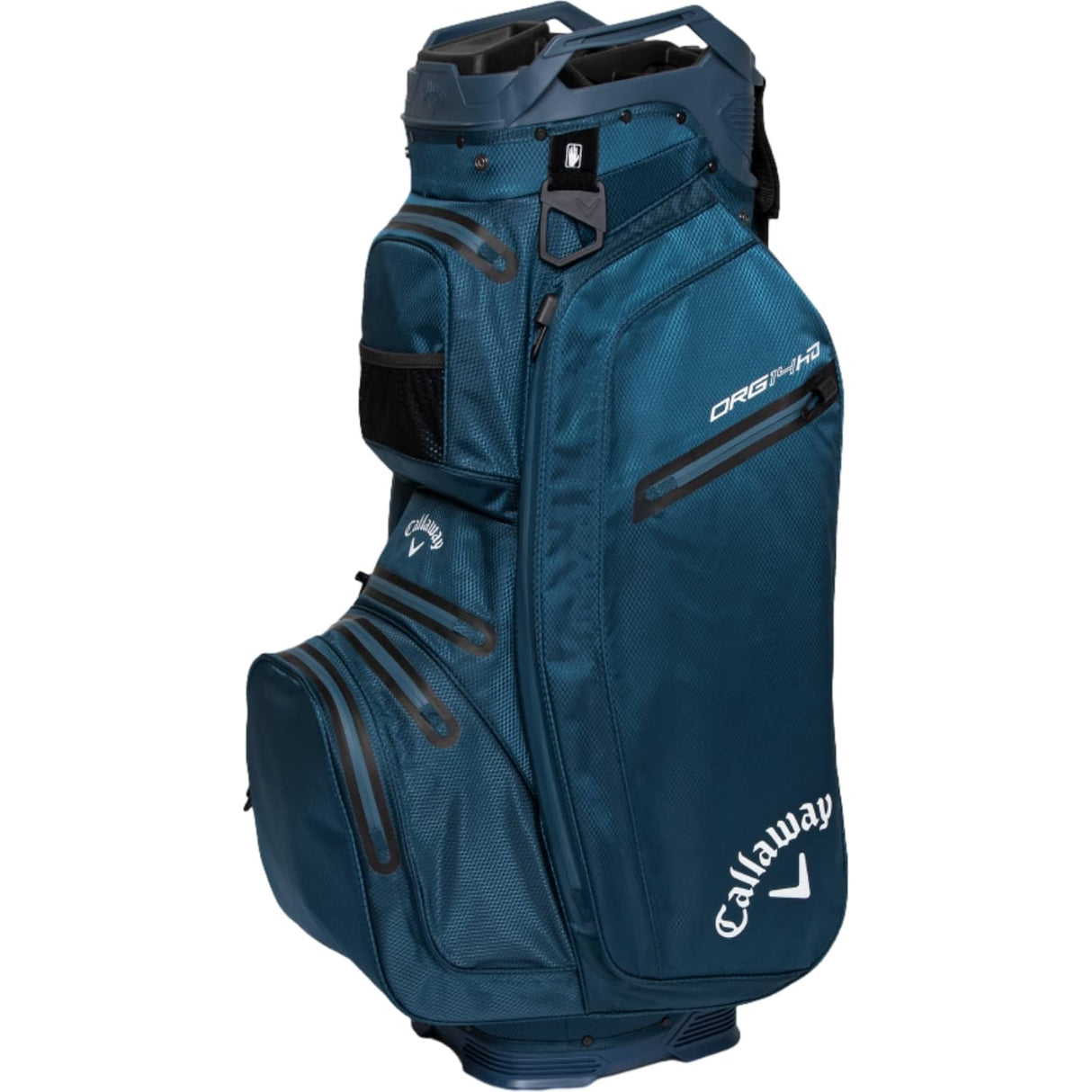 Marineblaues Callaway ORG 14 HD Cart Bag mit mehreren Reißverschlusstaschen und Logo in Weiß.