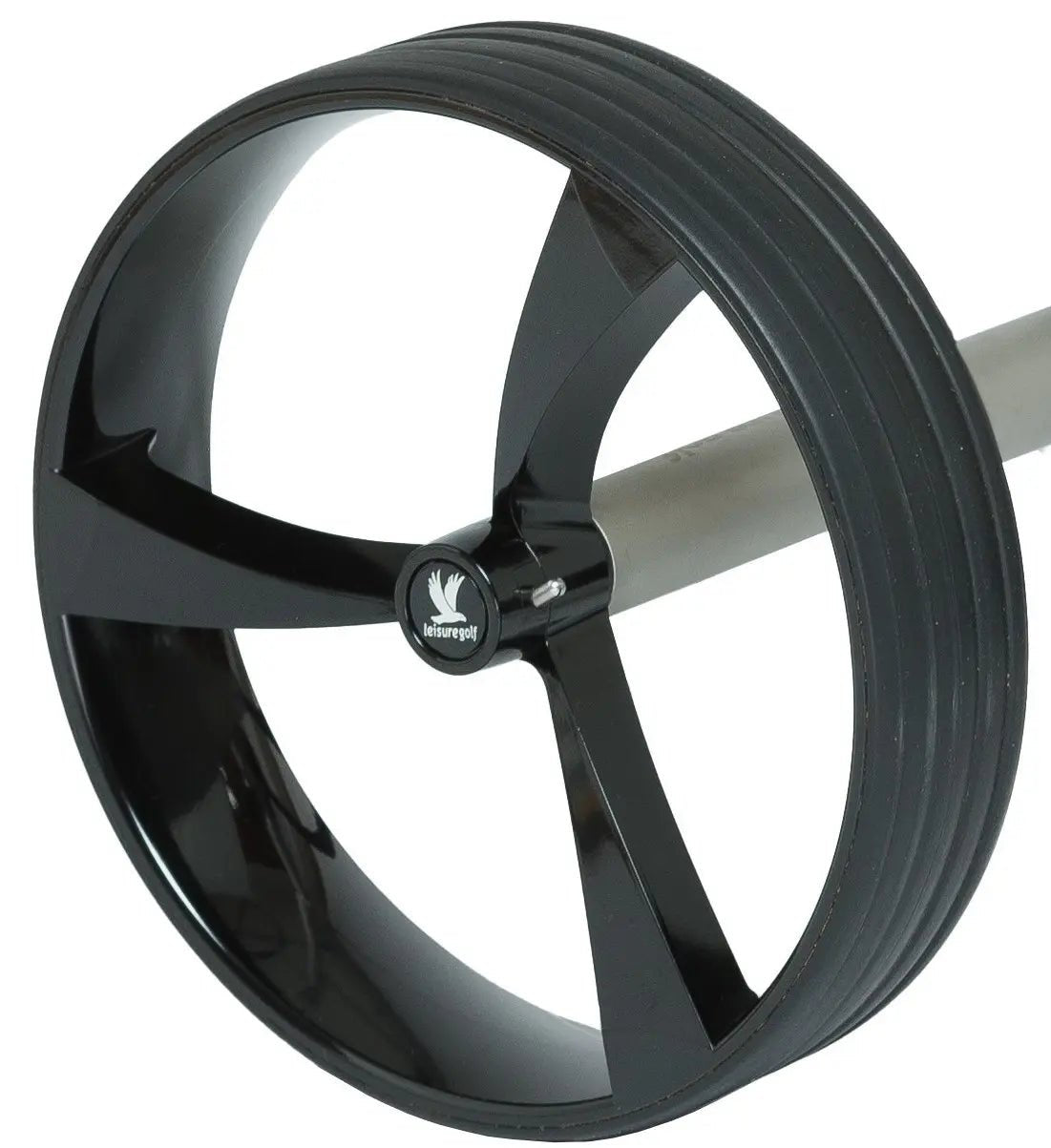 Schwarzes Golf-Trolley-Rad mit dreispeichigem Design und profillosem Gummireifen.