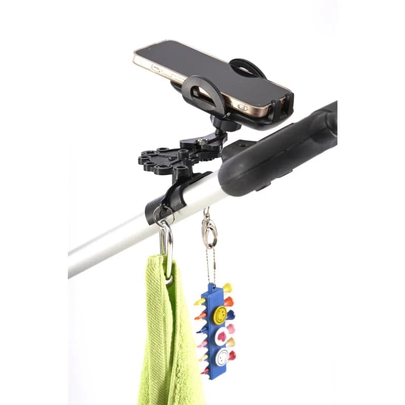 Schwarzer Smartphone-Halter mit Halterung am Golftrolleygriff und zwei Haken mit Handtuch und Schlüsselanhänger.