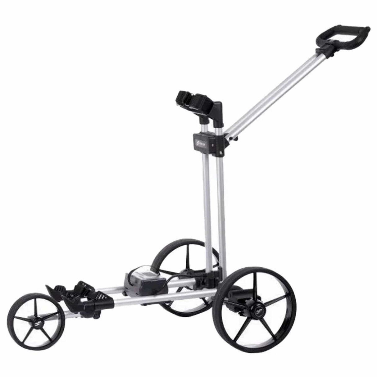 Silberner Flat Cat GO Li-Fe Golfcaddy mit drei Rädern und klappbarem Griff.