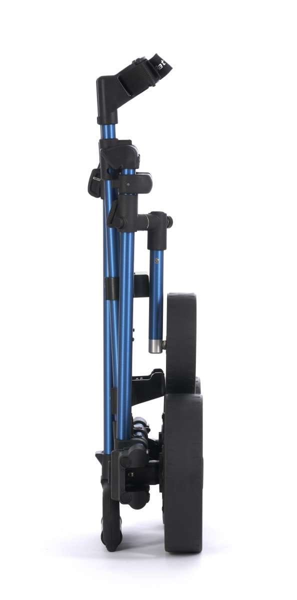 Elektrischer Golftrolley Flat Cat Touch 2025 in tiefblau gefaltet, kompakt und stabil.