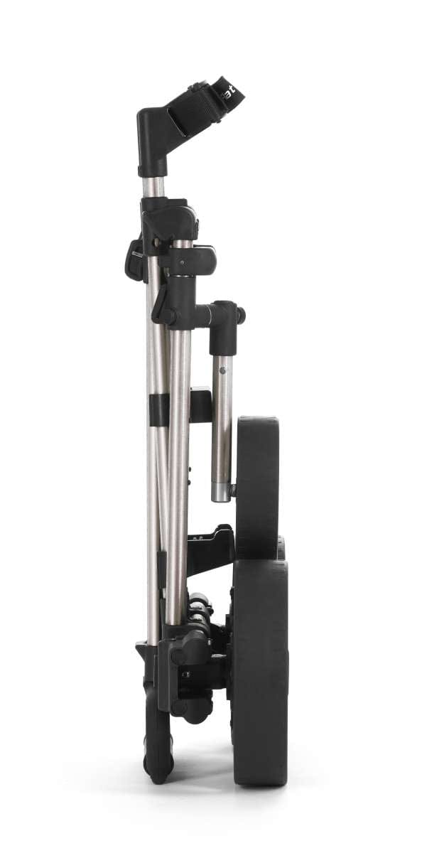 Schwarz-silberner faltbarer elektrischer Golftrolley Flat Cat Touch 2025 kompakt zusammengeklappt.