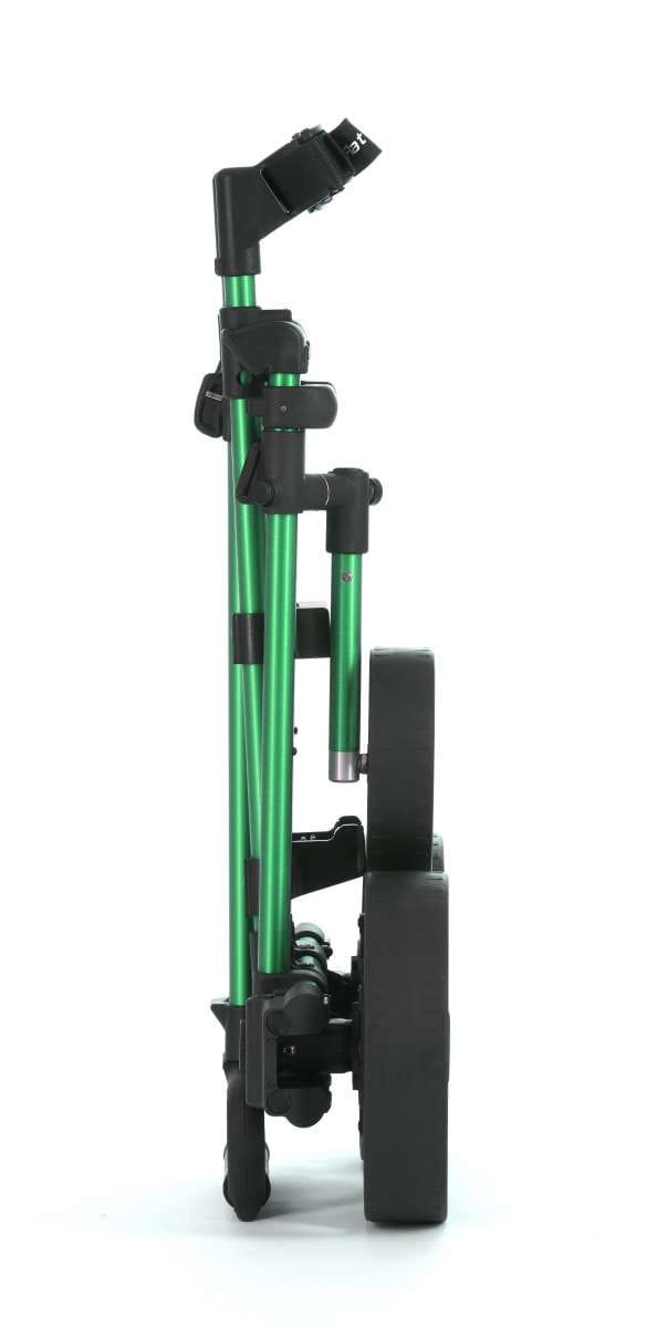 Kompakter grüner elektrischer Flat Cat Golf-Trolley zusammengeklappt mit schwarzem Griff und robustem Rad.
