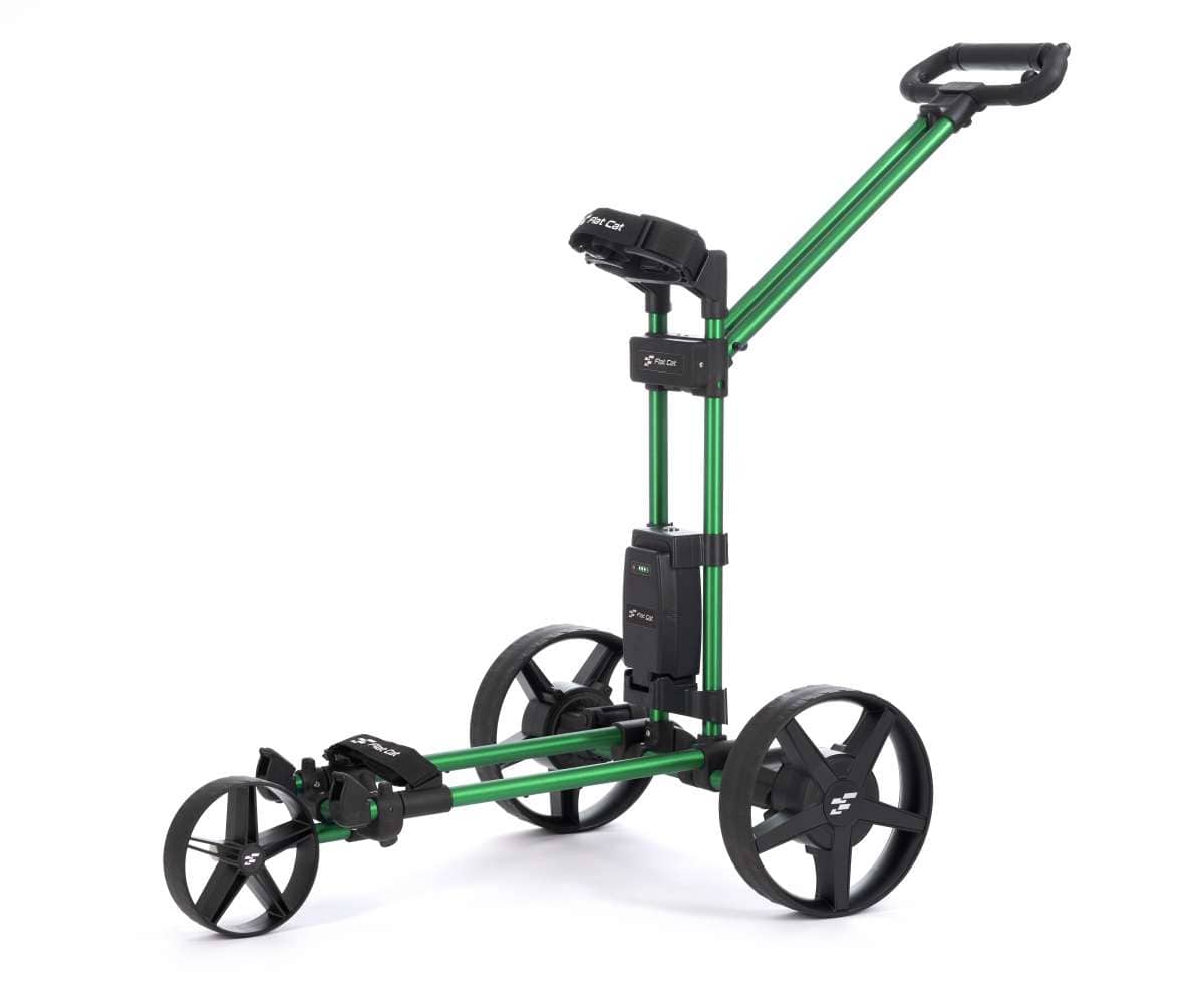 Elektrischer Golf-Trolley Flat Cat Touch 2025 in leuchtendem Grün mit drei Rädern und klappbarem Griff.