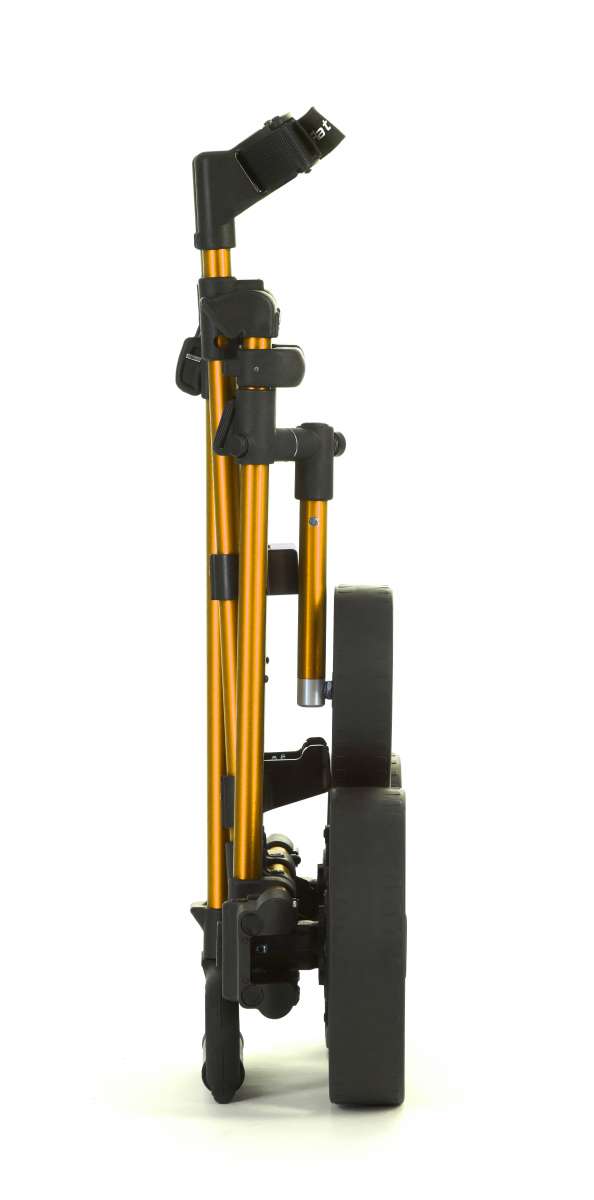 Elektrischer Golftrolley Flat Cat Touch 2025 in klappbarem Design, golden-orange lackiert.