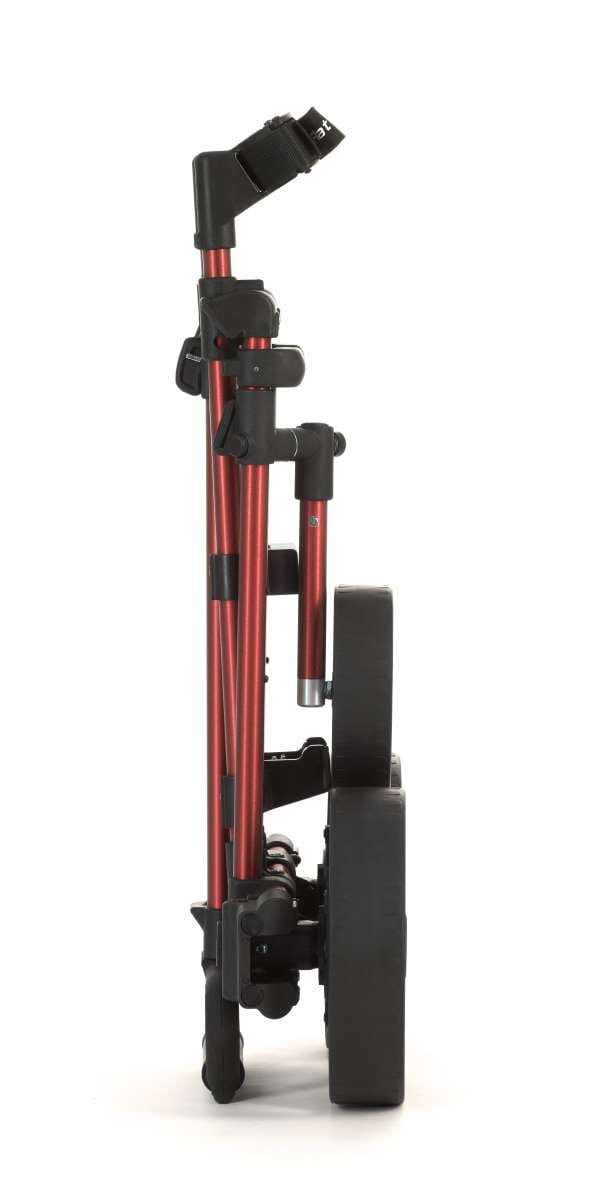 Elektrischer Flat Cat Touch 2025 Golftrolley in Schwarz, kompakt zusammengeklappt, seitliche Ansicht.