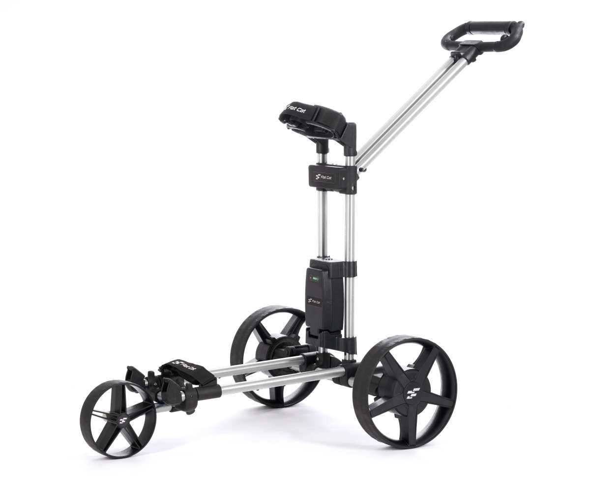 Elektrischer Golftrolley Flat Cat Touch 2025 in Silber mit drei Rädern und verstellbarem Griff.
