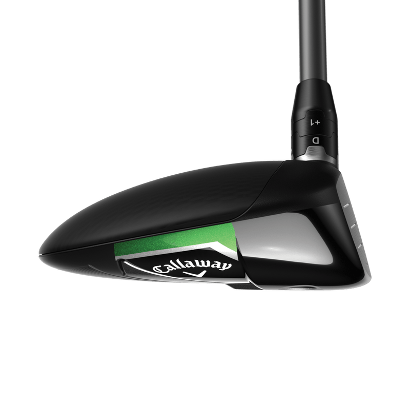 Schwarzer Callaway Elyte X Fairwayholz mit grün-schwarzem Design auf der Sohle und einstellbarem Schaftanschluss.