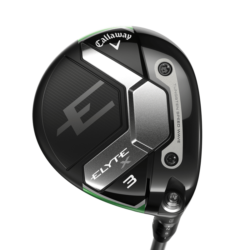 Callaway Elyte X Fairwayholz mit schwarzem und silbernem Schlägerkopf, einstellbarem Gewicht und modernem Design.